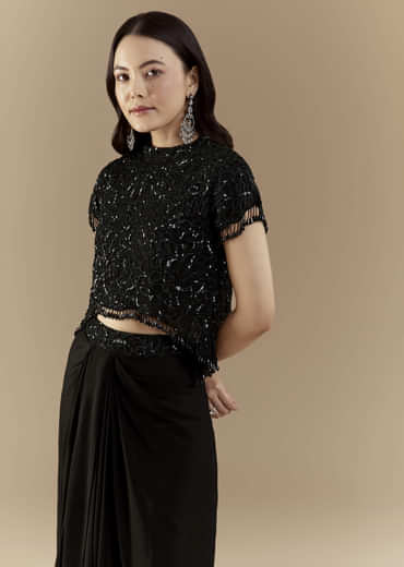 Black Embroidered Crop Top and Skirt Set