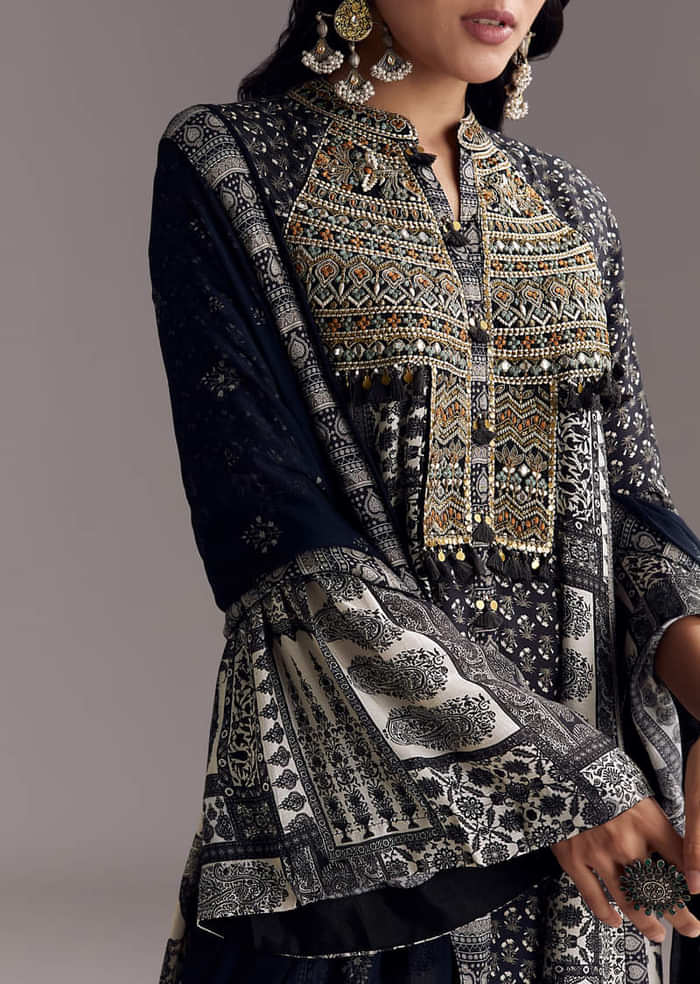 Black Mixed Print Muslin Palazzo Set With Resham Work