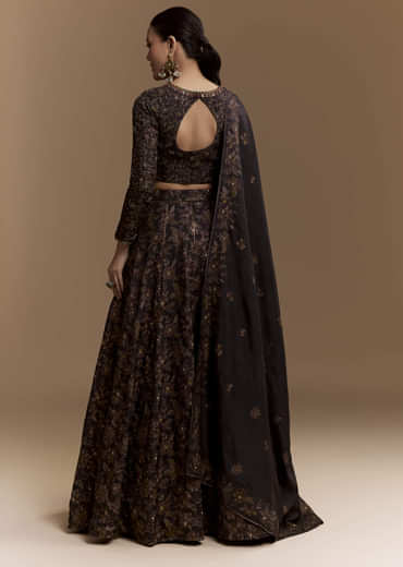 Black Floral Print Silk Brdiesmaid Lehenga Set with Dupatta