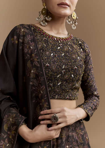 Black Floral Print Silk Brdiesmaid Lehenga Set with Dupatta