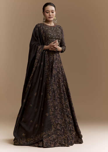 Black Floral Print Silk Brdiesmaid Lehenga Set with Dupatta