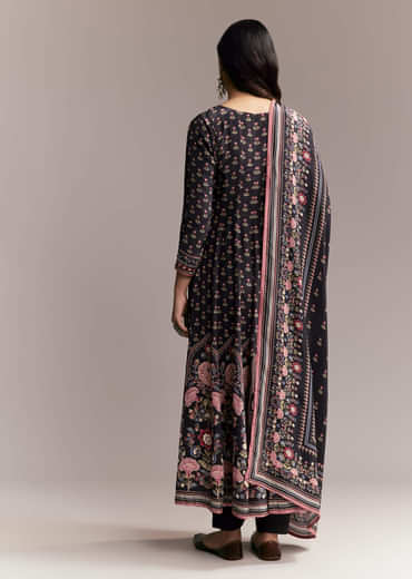Black Floral Printed Anarkali Set