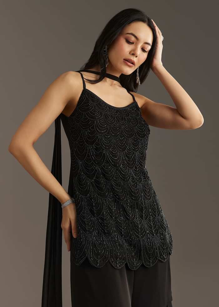Black Georgette Kurta With Cut Dana And Moti Work And Tassel Dupatta