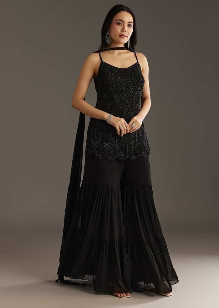Black Georgette Kurta With Cut Dana And Moti Work And Tassel Dupatta