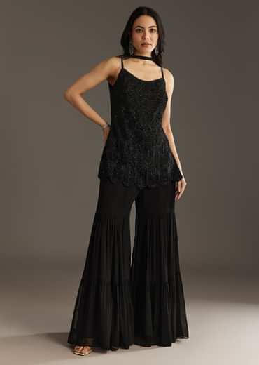 Black Georgette Kurta With Cut Dana And Moti Work And Tassel Dupatta