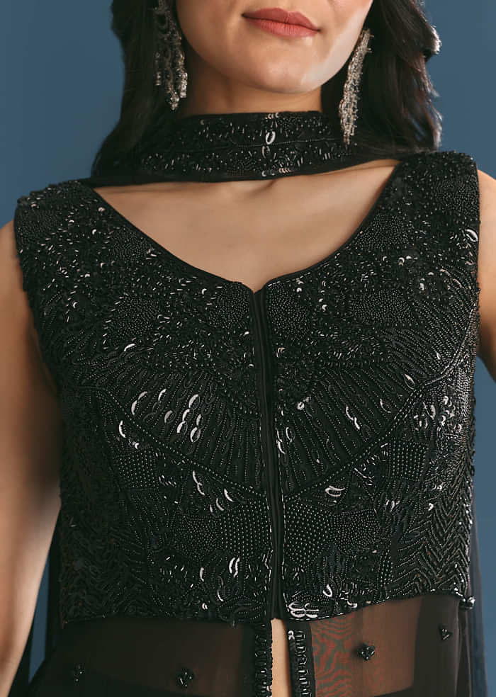 Black Georgette Peplum Kurta Sharara Set With Beads And Sequins