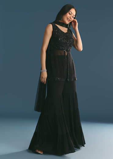 Black Georgette Peplum Kurta Sharara Set With Beads And Sequins