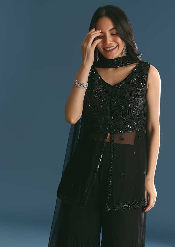 Black Georgette Peplum Kurta Sharara Set With Beads And Sequins