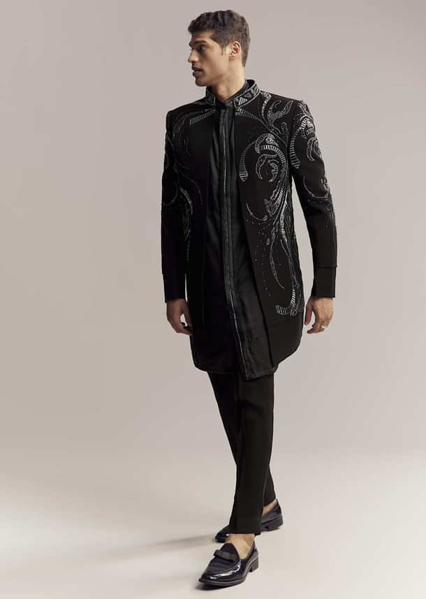 Black Imported Organza Indo Western For Men With Heavy Embroidery