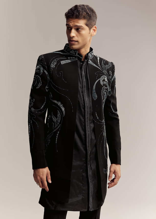 Black Imported Organza Indo Western For Men With Heavy Embroidery