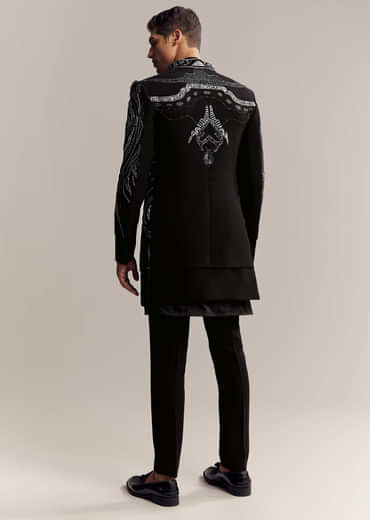 Black Imported Organza Indo Western For Men With Heavy Embroidery