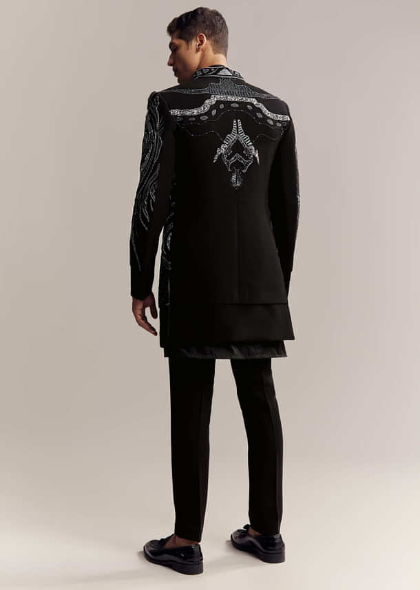 Black Imported Organza Indo Western For Men With Heavy Embroidery