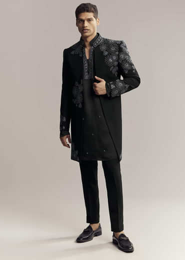 Black Imported Satin Organza Indo Western For Men With Zardosi Embroidery