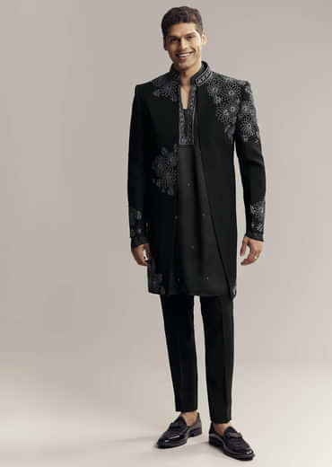 Black Imported Satin Organza Indo Western For Men With Zardosi Embroidery