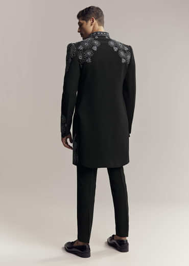 Black Imported Satin Organza Indo Western For Men With Zardosi Embroidery