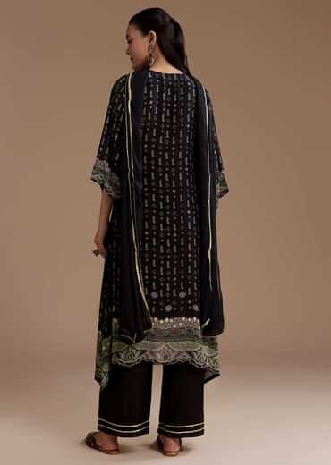 Black Indie Print Kurta Set with Stone Work