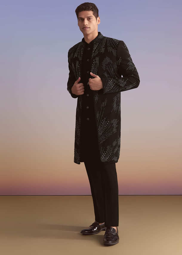 Black Indo Western Set For Men With Beads Work Black Indo Western Set For Men With Beads Work