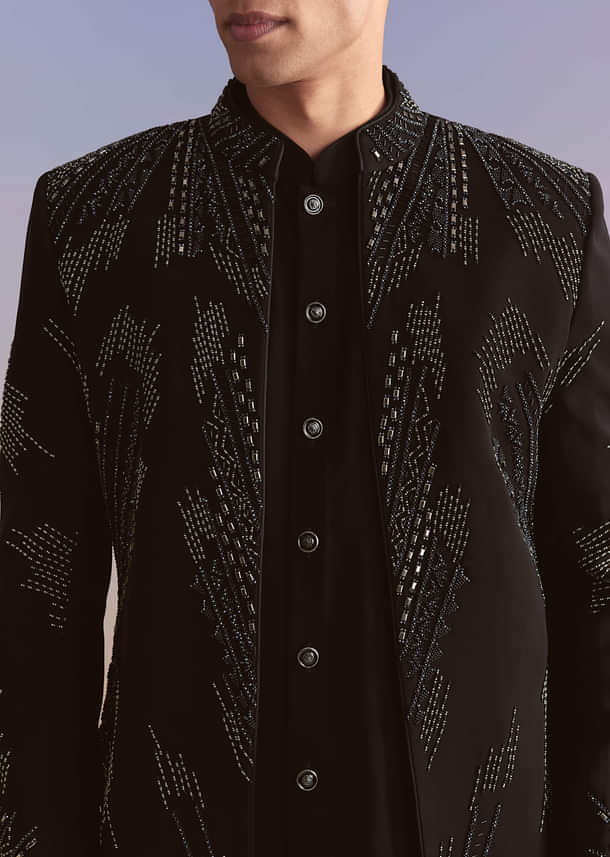 Black Indo Western Set For Men With Beads Work Black Indo Western Set For Men With Beads Work
