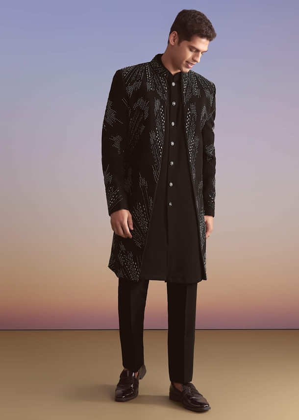 Black Indo Western Set For Men With Beads Work Black Indo Western Set For Men With Beads Work