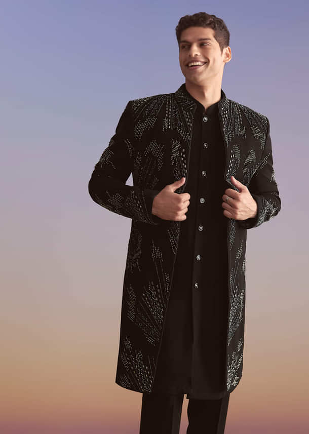 Black Indo Western Set For Men With Beads Work Black Indo Western Set For Men With Beads Work