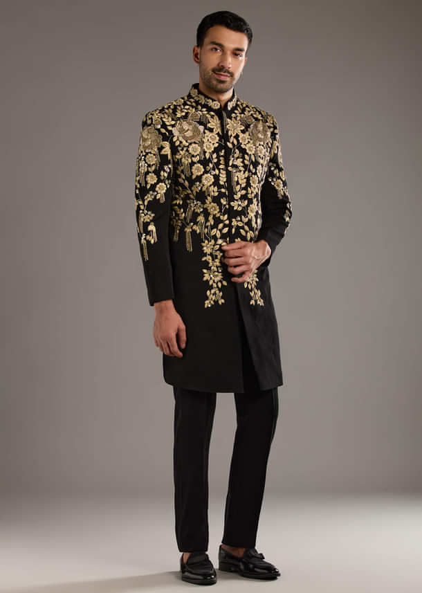 Black Indo Western Set For Men With Zardosi Embroidery Black Indo Western Set For Men With Zardosi Embroidery
