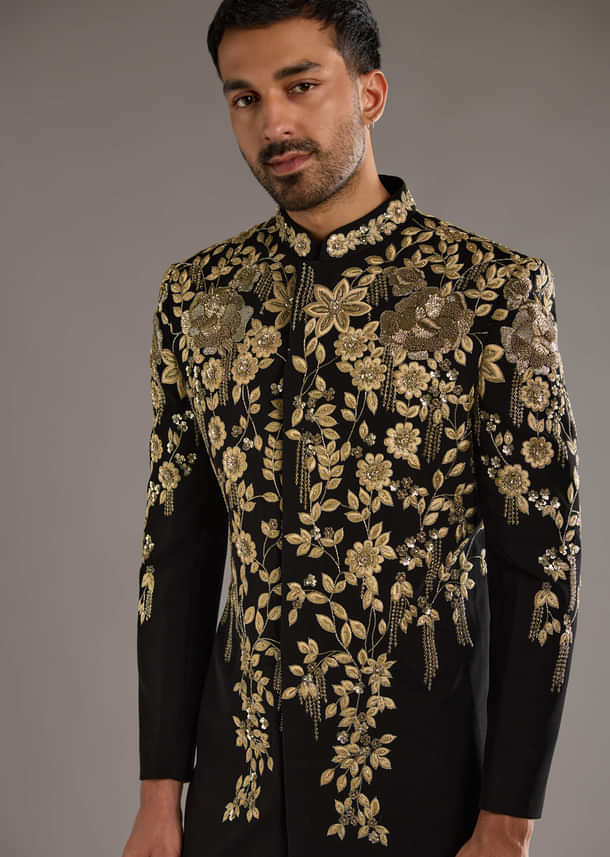 Black Indo Western Set For Men With Zardosi Embroidery Black Indo Western Set For Men With Zardosi Embroidery