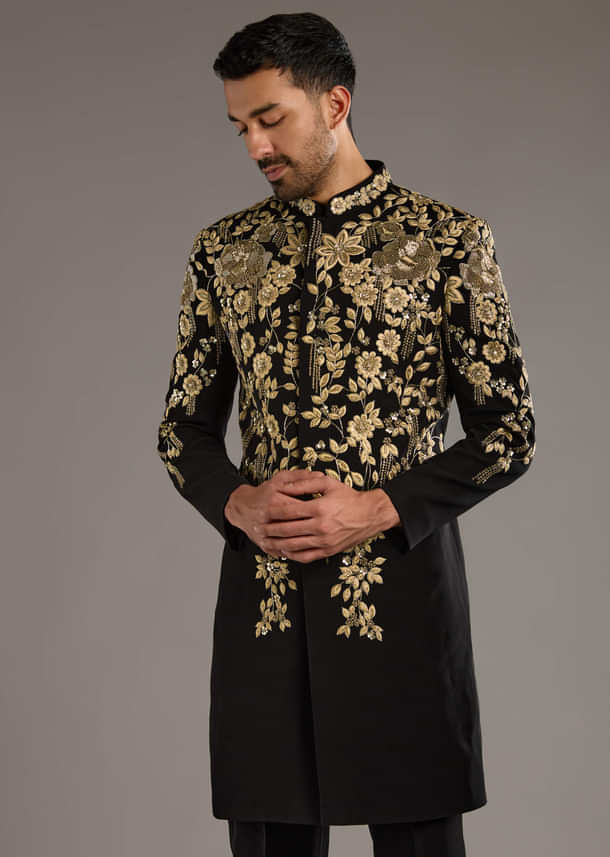 Black Indo Western Set For Men With Zardosi Embroidery Black Indo Western Set For Men With Zardosi Embroidery