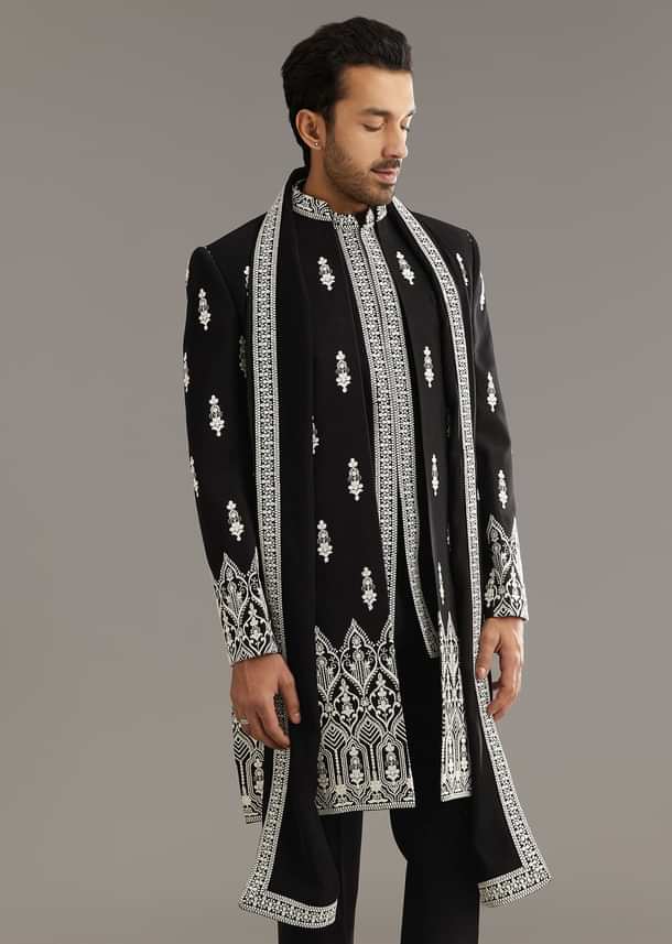 Black Indo Western Set With Embroidery On Japanese Fabric