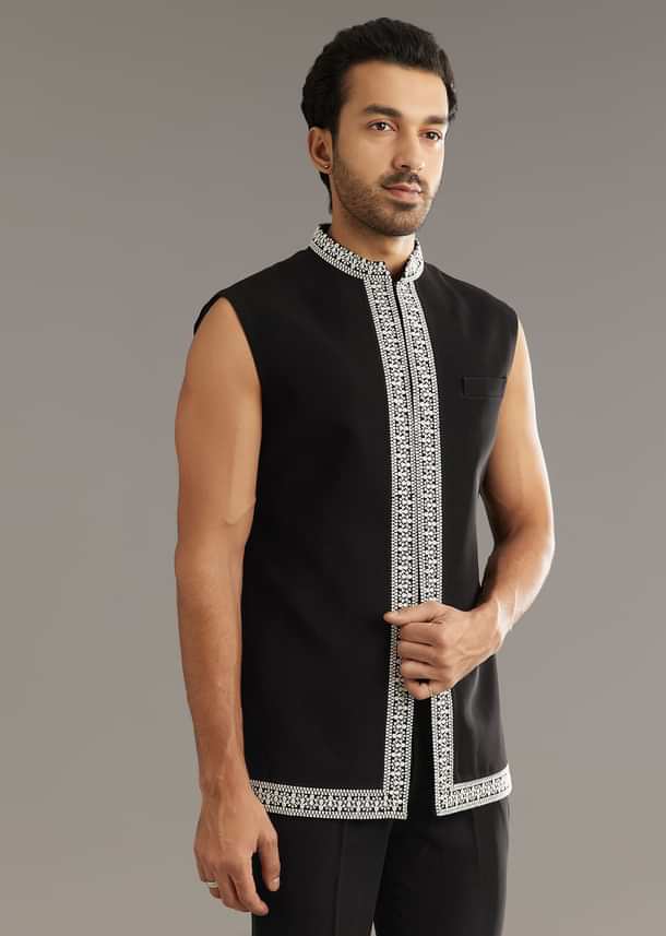 Black Indo Western Set With Embroidery On Japanese Fabric