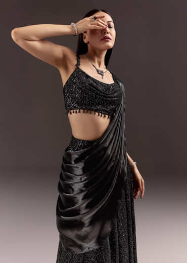 Black Indowestern Sharara Suit With Cowl Blouse With Attached Pallu Attached