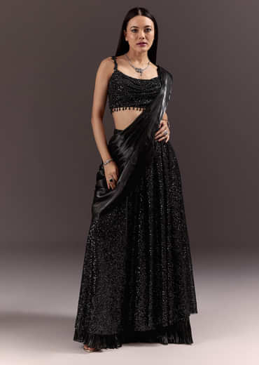 Black Indowestern Sharara Suit With Cowl Blouse With Attached Pallu Attached
