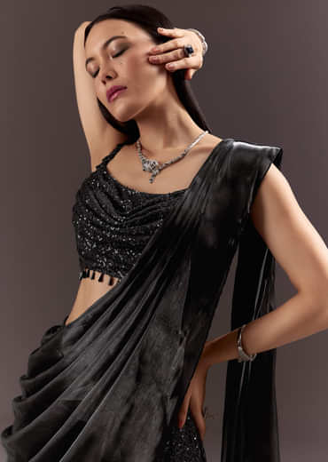 Black Indowestern Sharara Suit With Cowl Blouse With Attached Pallu Attached