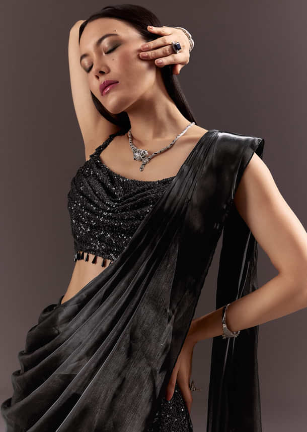 Black Indowestern Sharara Suit With Cowl Blouse With Attached Pallu Attached