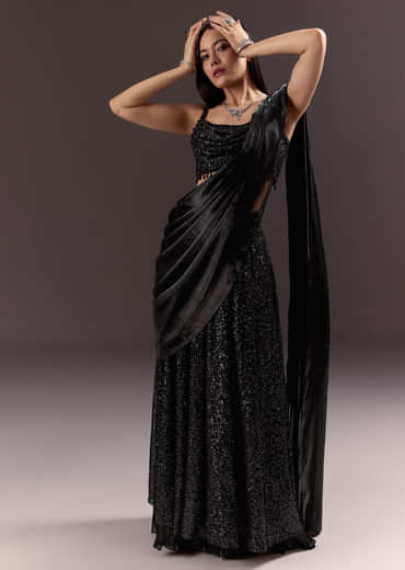 Black Indowestern Sharara Suit With Cowl Blouse With Attached Pallu Attached