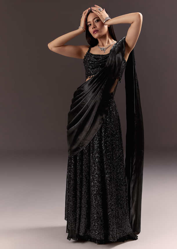 Black Indowestern Sharara Suit With Cowl Blouse With Attached Pallu Attached