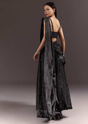 Black Indowestern Sharara Suit With Cowl Blouse With Attached Pallu Attached