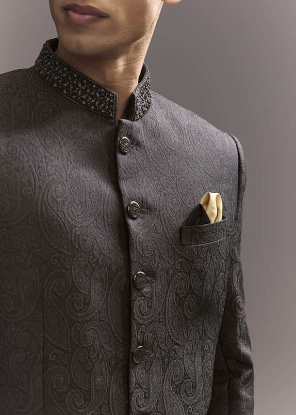 Black Jacquard Jodhpuri Suit For Men With Subtle Paisley Motifs Black Jacquard Jodhpuri Suit For Men With Subtle Paisley Motifs