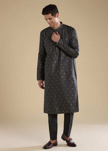 Black Jacquard Textured Mens Kurta and Pant Set