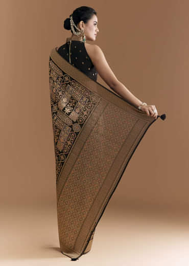 Black Khadhi Georgette Saree With Floral And Geometric Zari Work
