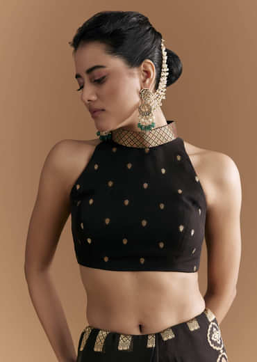 Black Khadhi Georgette Saree With Floral And Geometric Zari Work