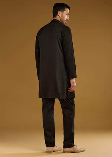 Black Kurta Jacket Set For Men With Beads Embroidery