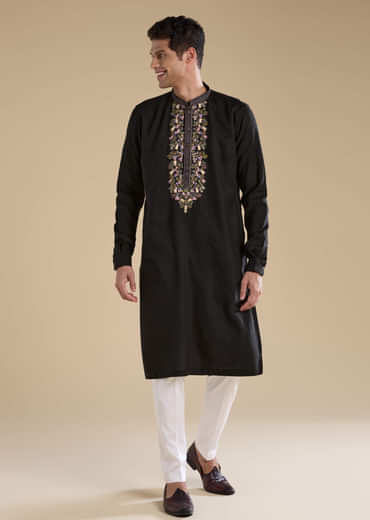 Black Linen Embroidered Mens Kurta Set
