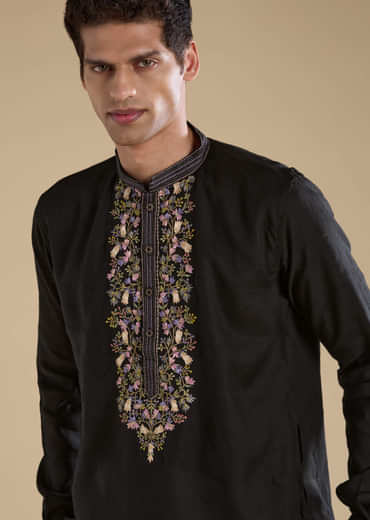 Black Linen Embroidered Mens Kurta Set