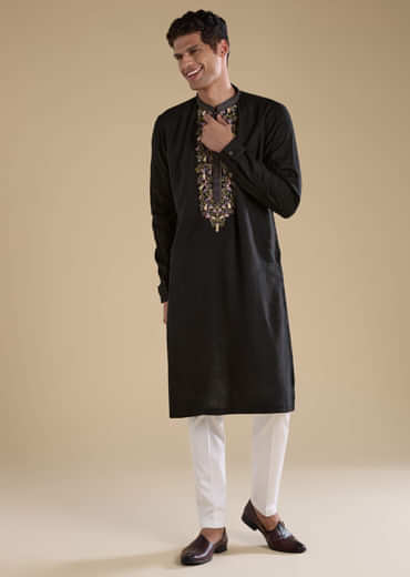 Black Linen Embroidered Mens Kurta Set
