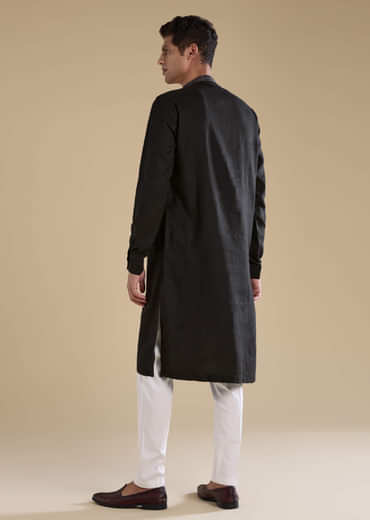 Black Linen Embroidered Mens Kurta Set
