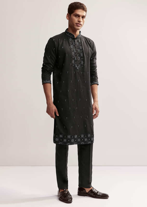 Black Linen Kurta Set For Men With Resham And Moti Work Black Linen Kurta Set For Men With Resham And Moti Work