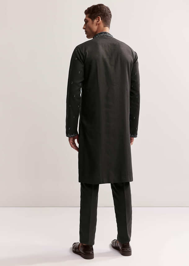 Black Linen Kurta Set For Men With Resham And Moti Work Black Linen Kurta Set For Men With Resham And Moti Work