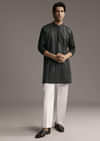 Black Linen Kurta Set For Men With Resham Embroidery