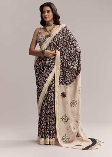 Black Linen Printed Saree With Heritage Floral Ajrakh Print