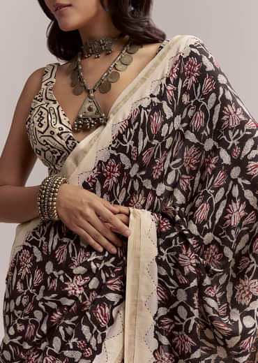 Black Linen Printed Saree With Heritage Floral Ajrakh Print